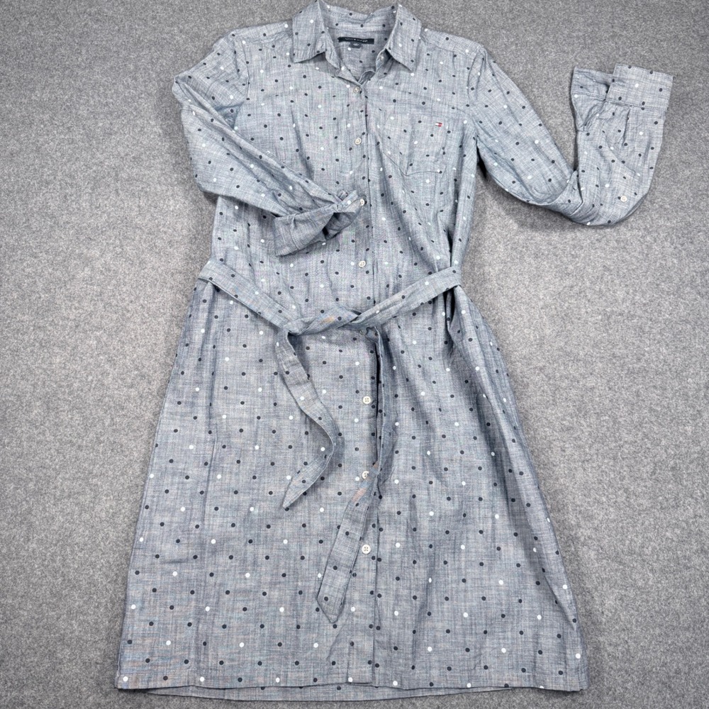 Tommy Hilfiger Blue Polka Dot Chambray Shirt Dress Small Belted Long Sleeve
